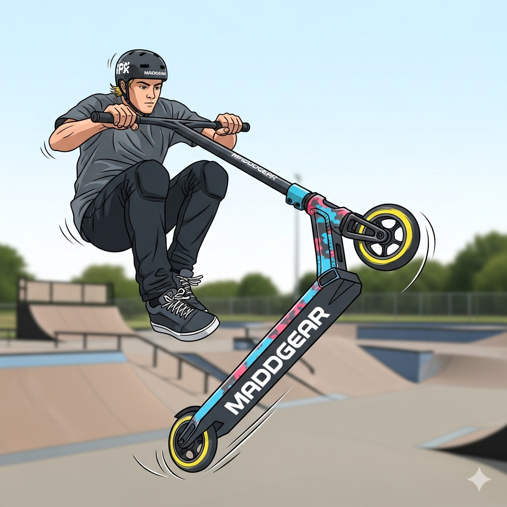 A close-up shot of a rider performing a trick on a Maddgear pro scooter, showcasing its durable deck and stunt-ready design.