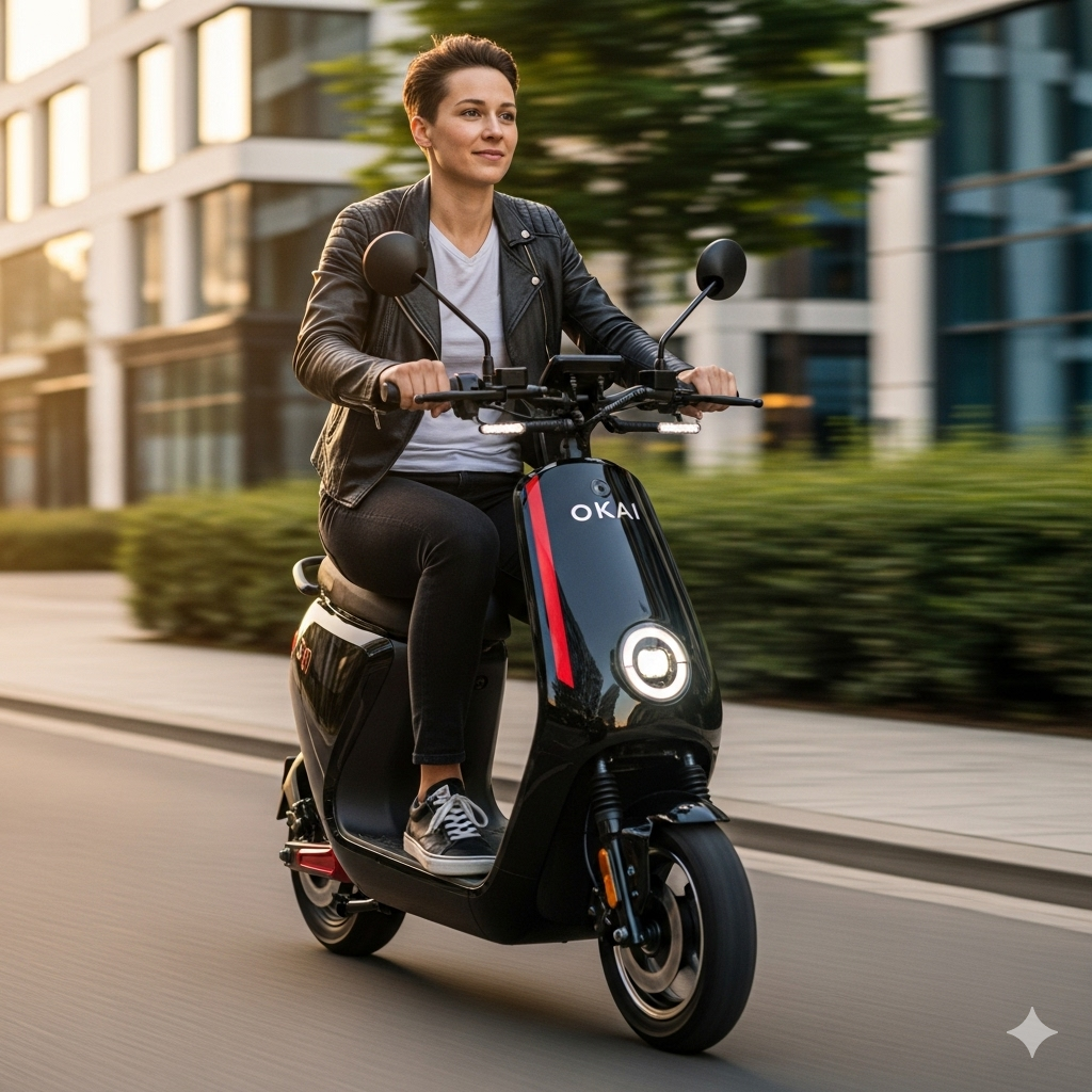 A person riding a sleek Okai e-scooter, showcasing its modern design and ease of use in an urban setting.
