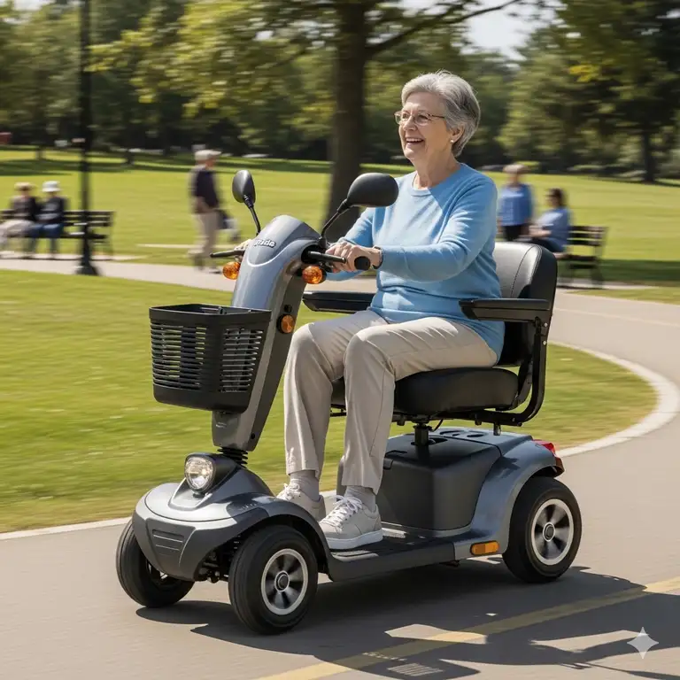 A person riding a red pride victory 10 scooter on a paved sidewalk.