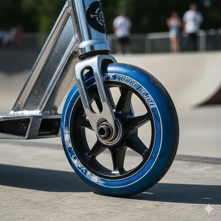 A close-up shot of professional stunt scooter wheels, emphasizing their durable design and high-quality bearings for smooth riding.