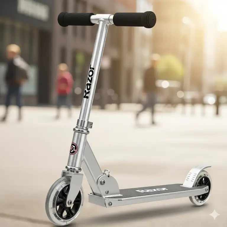 A close-up shot of a classic silver razor scooter, highlighting its sleek design and portability, perfect for urban commuting and fun rides.