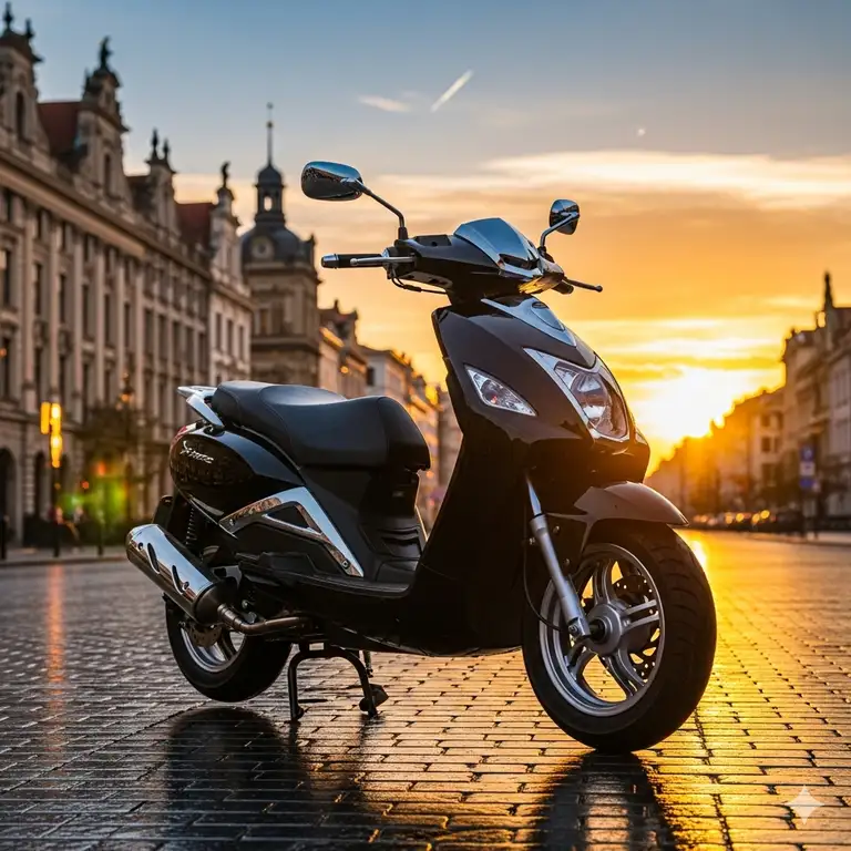 A sleek, black roadster scooter parked on a city street at sunset, highlighting its modern design and chrome details. This image captures the essence of a stylish and efficient urban ride.