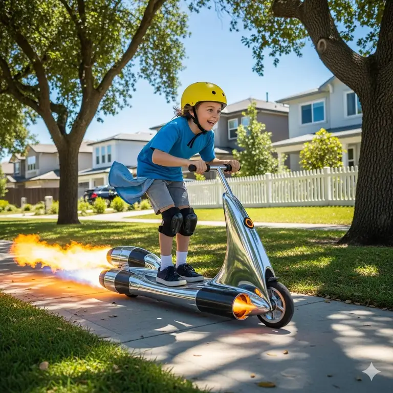 A child on a sleek, modern rocket scooter with flames from the thrusters, smiling as they glide down a suburban sidewalk.