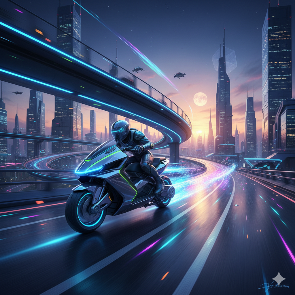 A high-speed, futuristic sonic scooter zips down a winding road, leaving a vibrant trail of light in its wake.