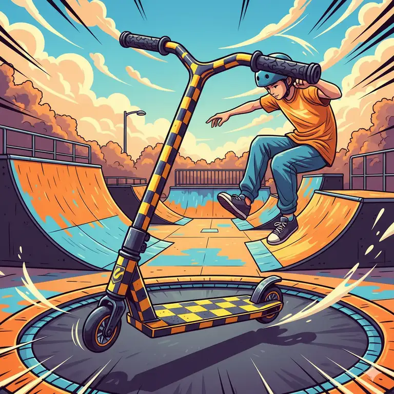 A featured image showcasing a tramp scooter in a vibrant skatepark, highlighting its durable deck and unique handlebar design for performing tricks.