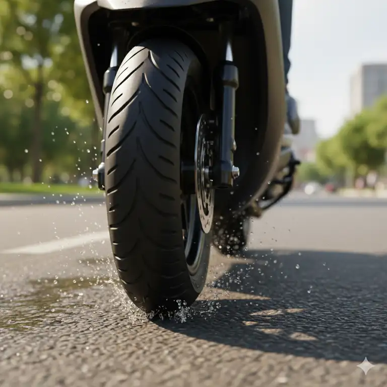 A close-up shot of tubeless scooter tires in action on a paved road, highlighting its durability and design for a smooth ride.
