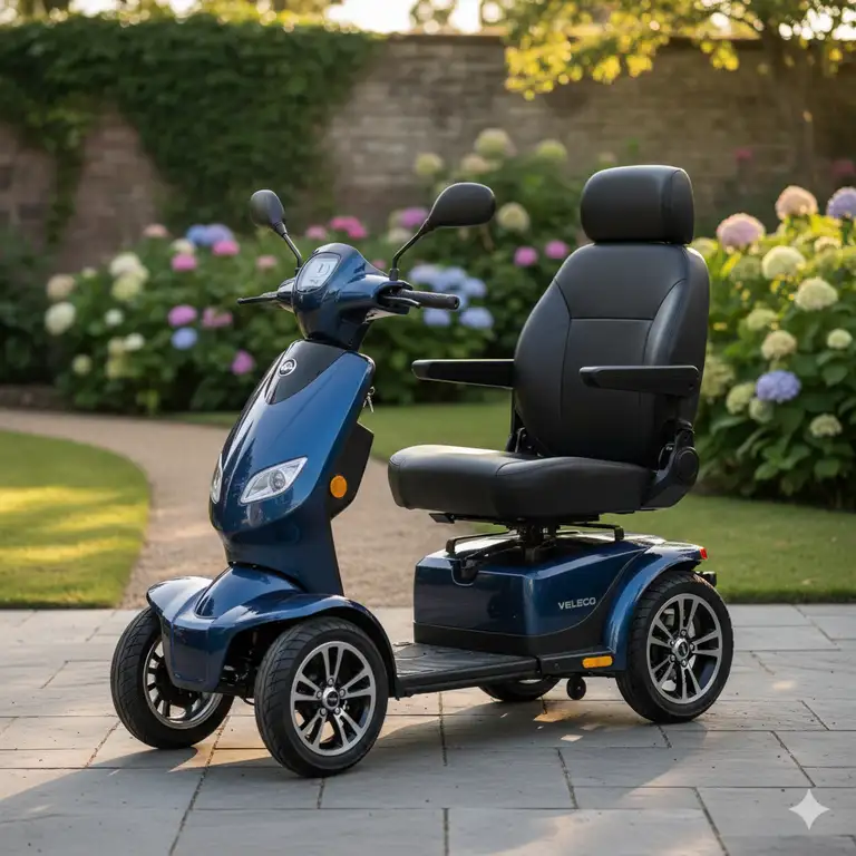 A sleek, modern Veleco scooter electric mobility parked outdoors, showcasing its comfortable seat and three-wheel design.