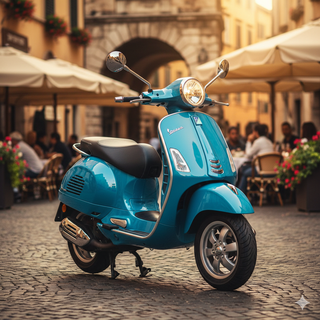 A sleek, modern Vespa scooter parked on a city street, representing current Vespa scooter prices and models.
