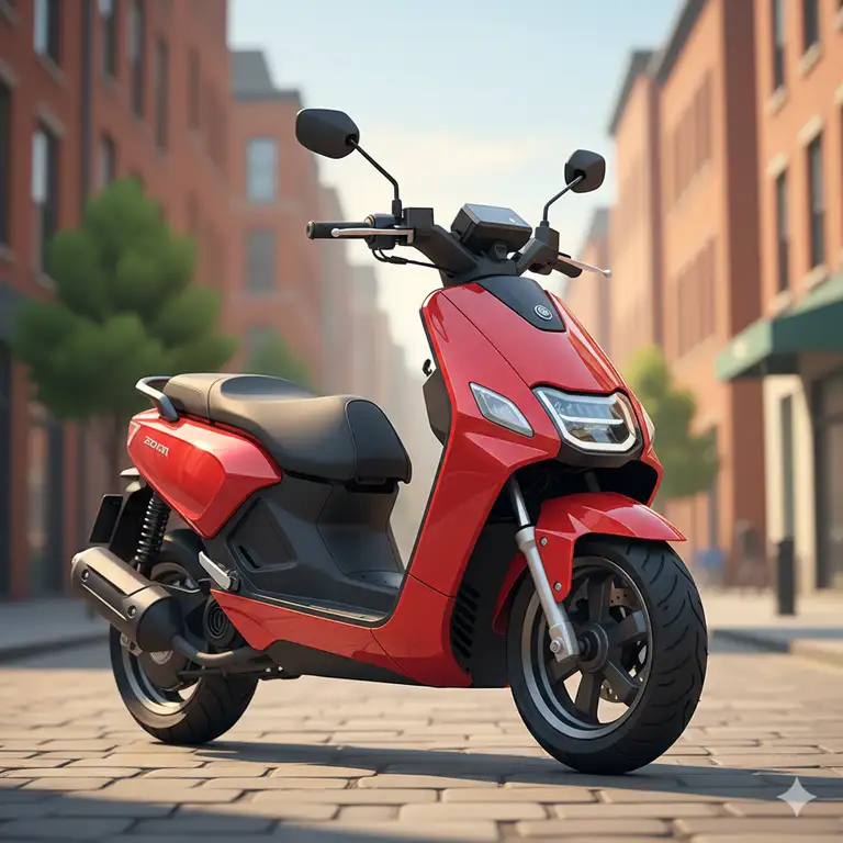 Close-up of a sleek red zoomer scooter parked on a city street, ready for urban commuting. Its modern design highlights efficiency and style.