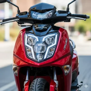 Front view of a new Italika scooter, highlighting the headlight and handlebars. 