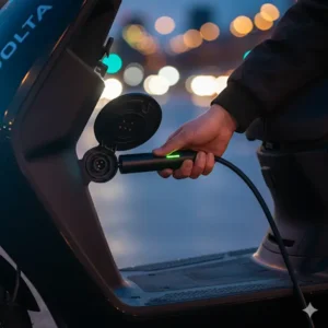 Close-up shot of the Jolta electric scooter's convenient and easy-to-access charging port.