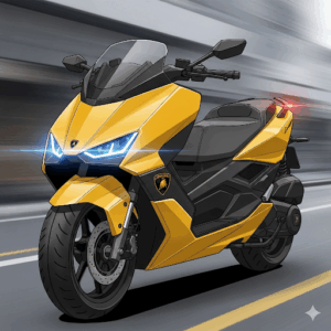 A yellow Lamborghini scooter on the road, illustrating its design.
