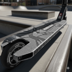 The durable, non-slip deck of a Maddgear scooter, ready for grinding and stunts.
