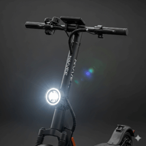 A close-up, high-quality front view of a Navee electric scooter, highlighting its bright headlight and robust handlebars.
