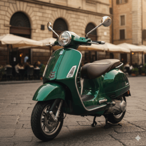 Detail shot of a brand new Vespa scooter, showcasing its classic design and highlighting features that influence its price