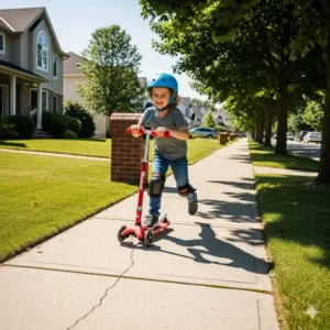 A child wearing a helmet and knee pads, happily riding a red razor scooter down a suburban sidewalk.