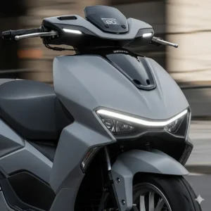 A close-up, front view of a roadster scooter, showcasing its LED headlight and minimalist handlebar design, emphasizing its futuristic and clean lines.