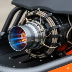 A detailed close-up of the powerful thruster on a rocket scooter, showing the nozzle and ignition system. 