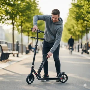 A user demonstrating the simple and quick folding mechanism of the lightweight so lite scooter, ready for transport.