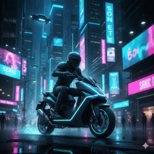 A person confidently rides a sleek sonic scooter through a bustling city street at night, with neon lights reflecting off the glossy finish.