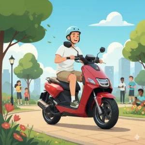 Young adult happily riding a zoomer scooter through a park on a sunny day, showcasing the freedom and fun of electric personal transportation. 
