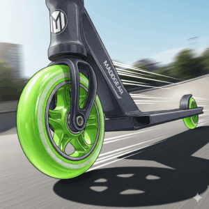 High-rebound polyurethane wheels on a Maddgear pro scooter, designed for smooth and fast rides.