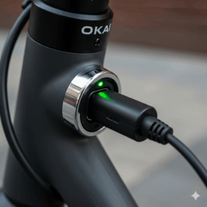 A close-up shot of an Okai e-scooter being charged, showing the charging port and indicator light.