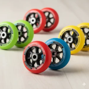 High-resolution image of vibrant, colored polyurethane wheels designed specifically for kick scooters.