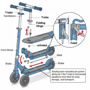 A detailed diagram showing the simple folding mechanism of a razor scooter, illustrating how it can be easily stored and transported.