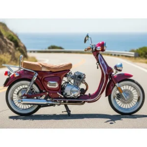 A full side profile of a roadster scooter, revealing its elongated body, low-slung seat, and large wheels, which contribute to a comfortable and stable ride.