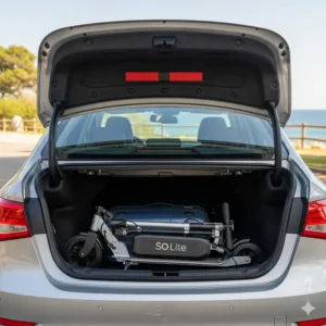 The so lite scooter folded and easily stored in the trunk of a car, showing its portability for travel. 