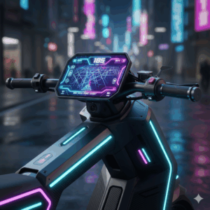 A detailed close-up shot of the futuristic digital display and high-tech handlebars on a sonic scooter, highlighting its advanced features. 