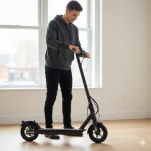 user easily folding SPXID electric scooter emphasizing quick fold mechanism and portability ideal for transport and storage