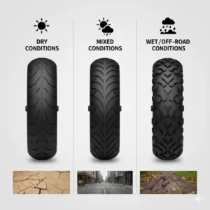 Comparison of various 10 inch scooter tire tread patterns designed for different riding conditions, including wet and dry surfaces. 