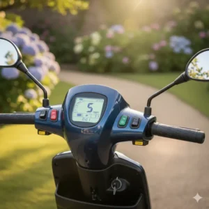Close-up view of the user-friendly dashboard and controls of a Veleco scooter electric mobility, highlighting its display and intuitive operation.