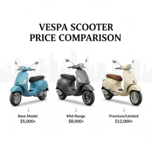 Visual comparison of various Vespa scooter models and their respective price ranges, helping buyers understand the Vespa scooter price.