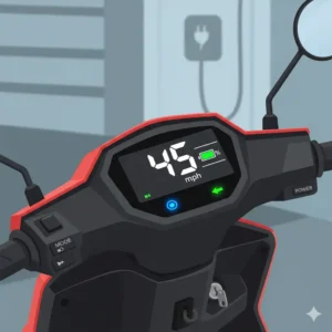 Detailed view of a zoomer scooter's digital dashboard, displaying speed and battery life, emphasizing its user-friendly technology. 