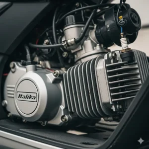 Close-up shot of the air-cooled engine of an Italika scooter.