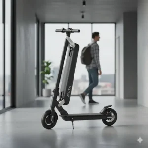 An image demonstrating the Jolta electric scooter's compact, foldable design, ideal for storage and transport.