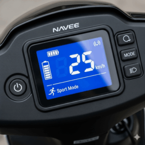  A detailed shot of the digital display and control panel on a Navee electric scooter, showing speed, battery life, and ride modes.