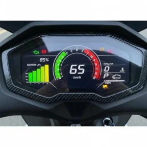 A detailed shot of the digital dashboard of a roadster scooter, showing the speedometer and battery life display, highlighting its user-friendly technology. 