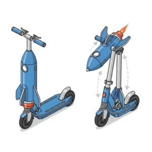 An illustration demonstrating the easy-to-use folding mechanism of a portable rocket scooter for convenient storage and transport. 