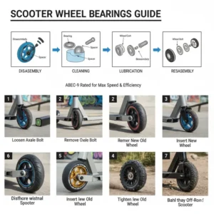 Diagram showing how to install and maintain ABEC-rated bearings within a scooter wheel hub for maximum speed and efficiency.