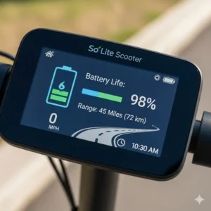 A display screen on the so lite scooter showing a long-lasting battery charge, emphasizing its extended range.