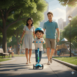 A family enjoys a sunny day at the park, with a child happily riding a child-sized sonic scooter on a paved pathway.