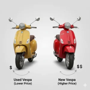 An illustration comparing a new Vespa scooter with a used one, indicating Vespa scooter price differences and value for money. 