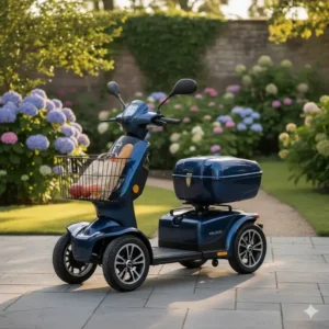 Detail of the convenient front basket or rear storage compartment on a Veleco scooter electric mobility, perfect for carrying shopping or personal items.