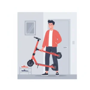 A zoomer scooter shown in its compact, folded state next to a person, illustrating its easy portability and storage. 