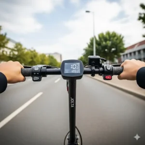 A first-person perspective of a rider on a Jolta electric scooter, highlighting the comfortable handlebars and controls.