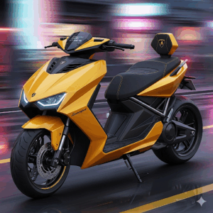A yellow Lamborghini scooter from a side view, detailing its features.